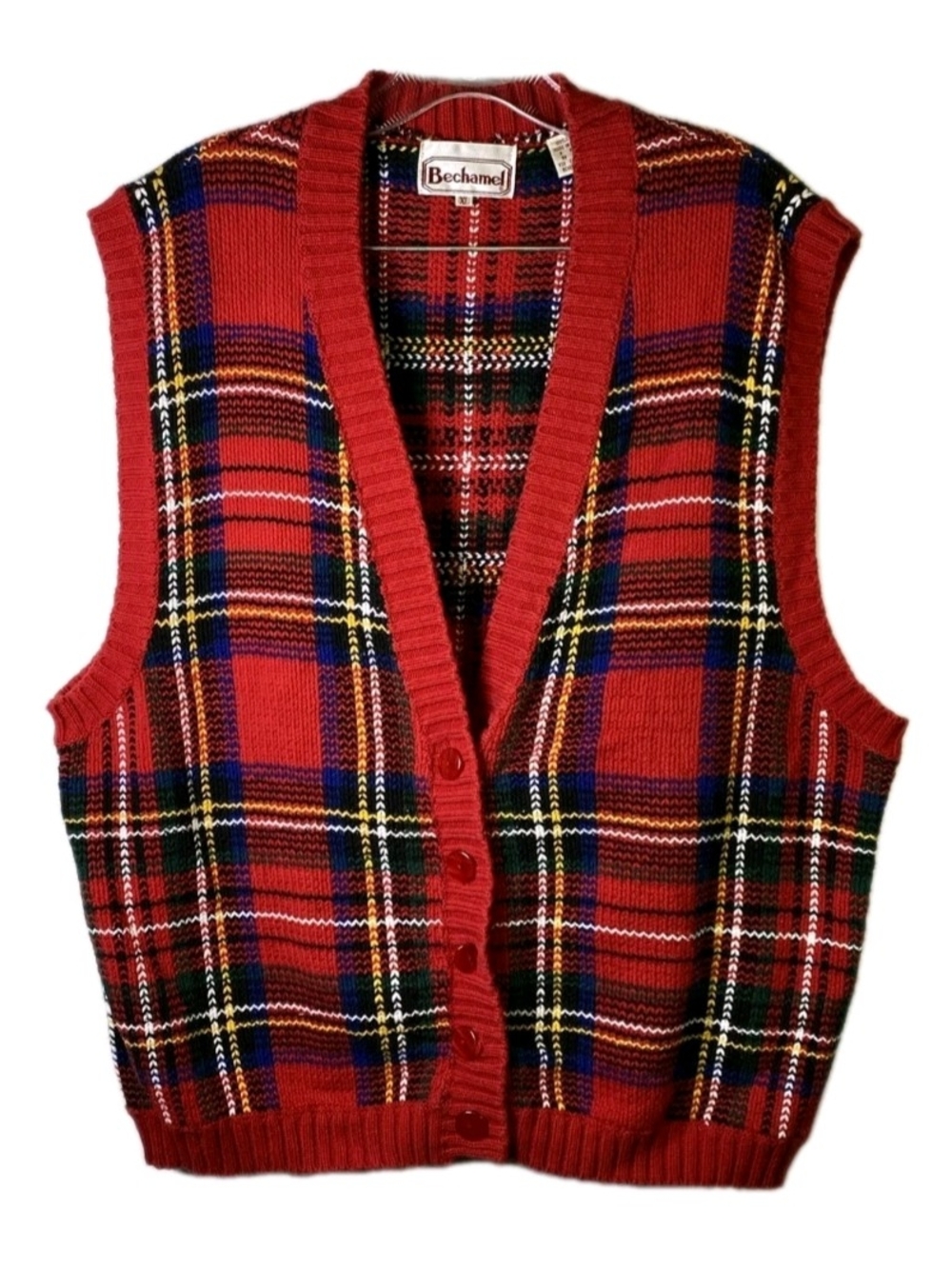 Bechamel Womens Deep V Sweater Vest - XL - Vintage 100% Cotton Tartan Plaid